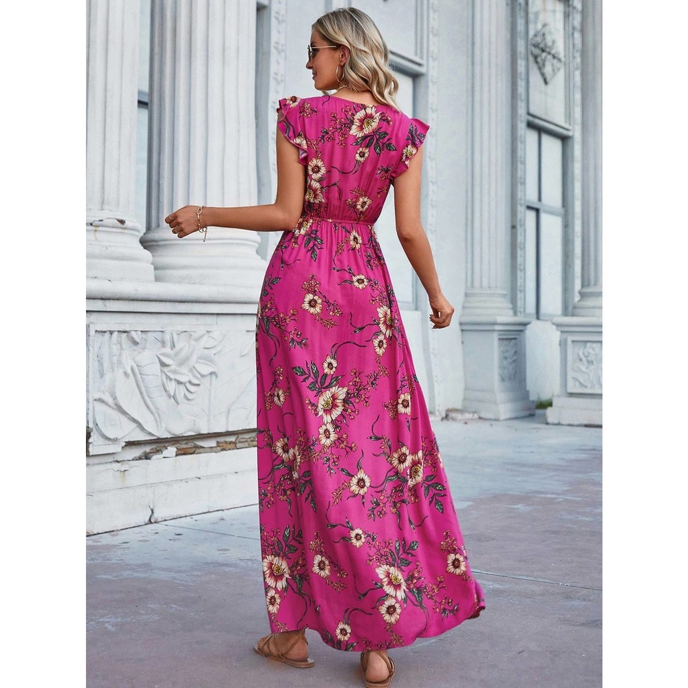 boho Floral Print Ruffle Slit Thigh maxi Dress (Without Belt) rust orange - Picture 4 of 11